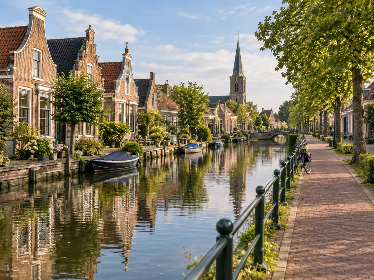 Fietspad bij een grachtje in een historisch Fries stadje