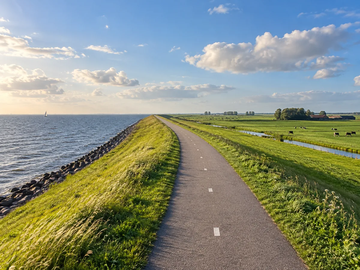 Fietspad op de dijk met uitzicht over het IJsselmeer