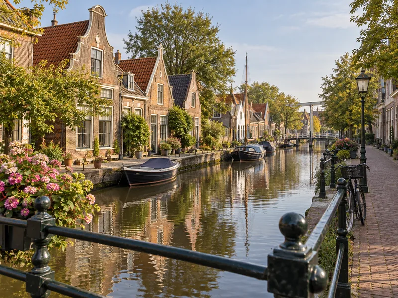 Fietspad bij een grachtje in een historisch Fries stadje