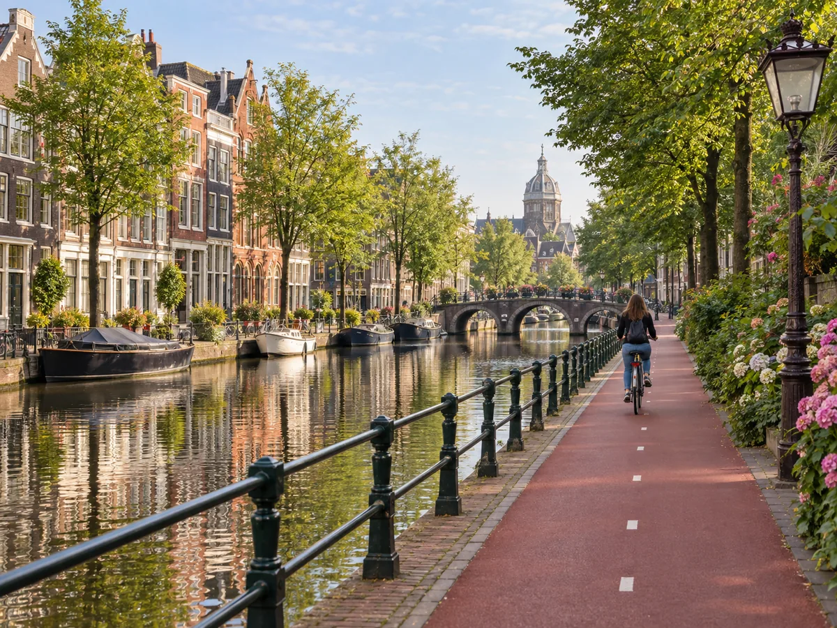 Fietspad langs een Hollandse gracht in de Randstad