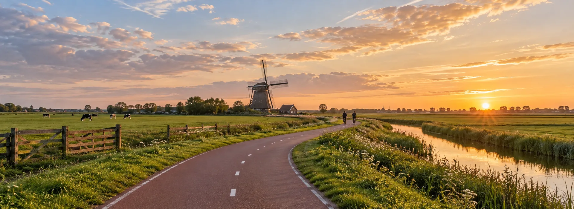 Rood fietspad door een Nederlands polderlandschap met een molen in de verte